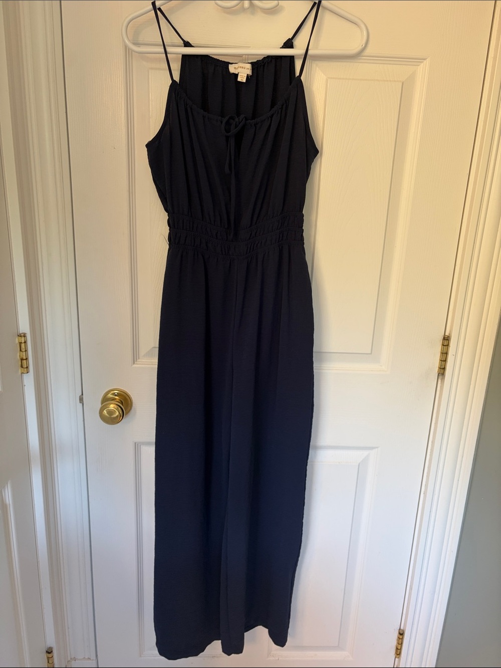 Women's Navy Smocked-Waist Spaghetti-Strap Jumpsuit
